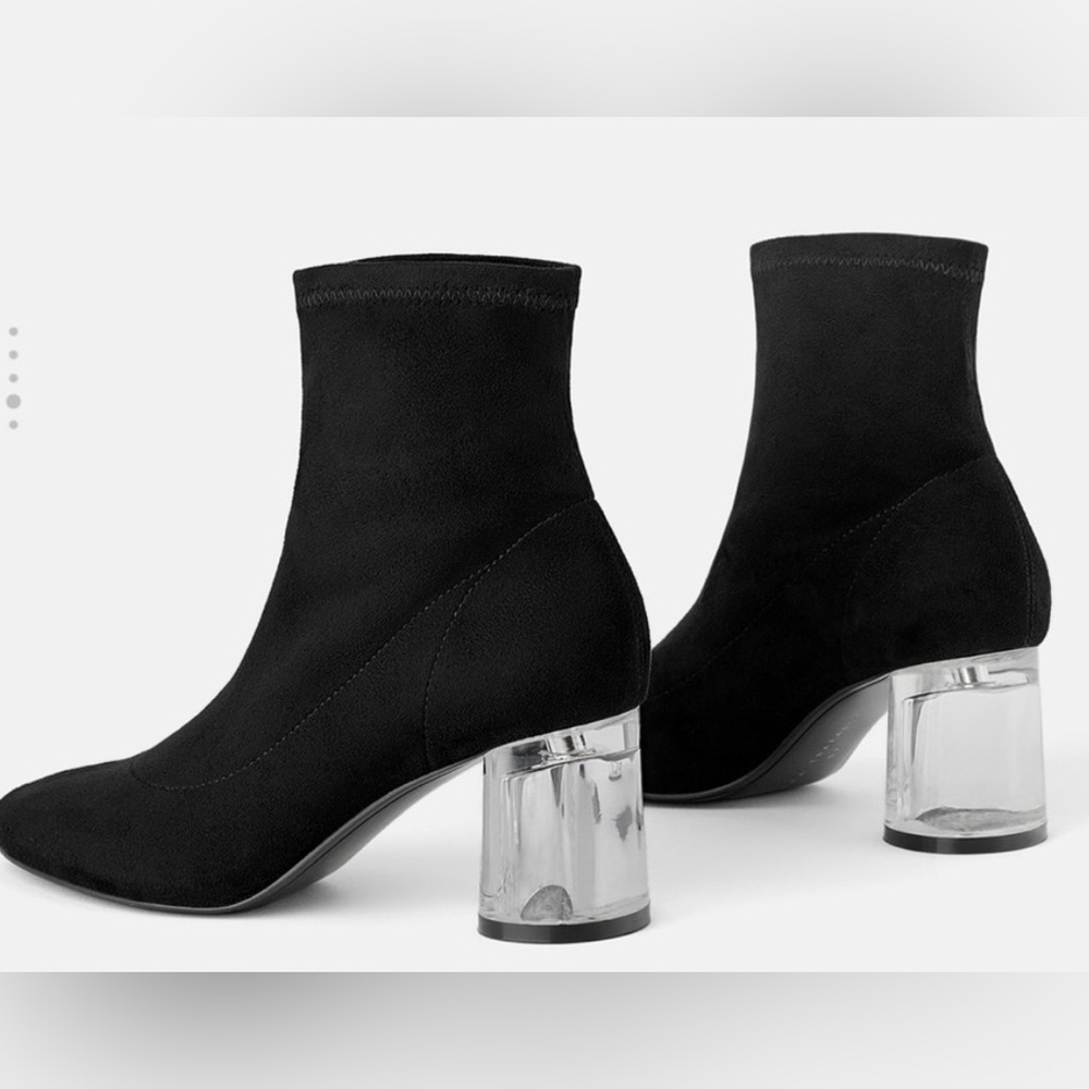 Zara Trafaluc black faux suede stretch sock ankle boots w/ acrylic heel, size 38